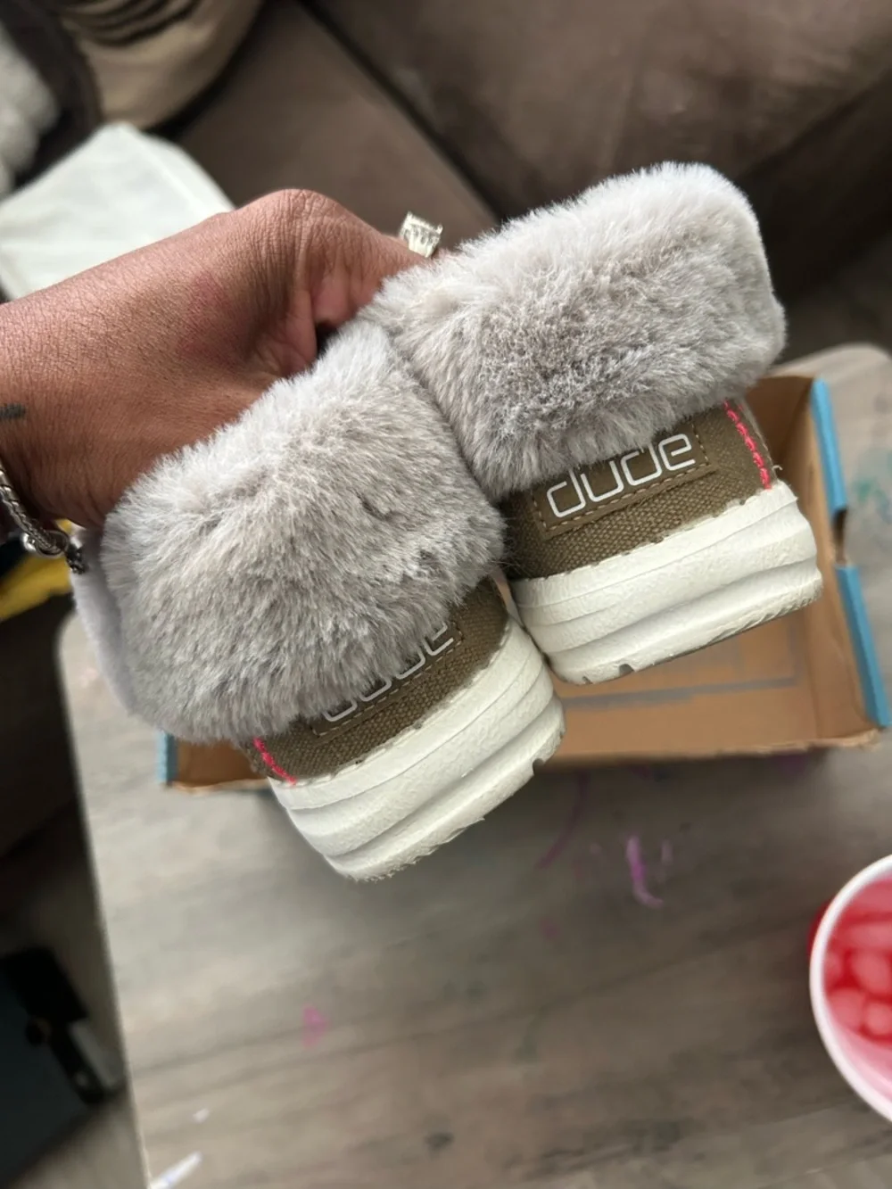Hey Dude Kids Moccasins in Gray and White with Faux Fur Trim